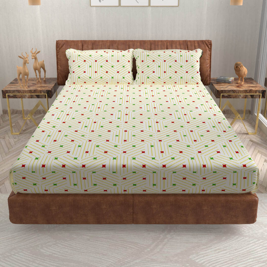 buy cream geometric super king size cotton bedsheets online – side view